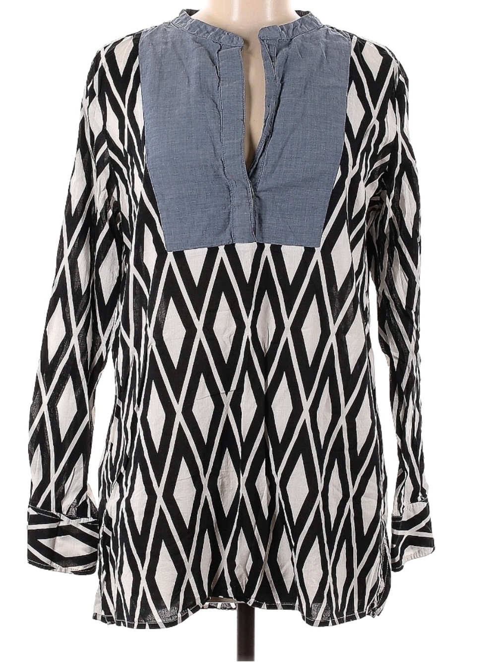 J.Crew Black & White Geometric Tunic Top with Chambray Yoke